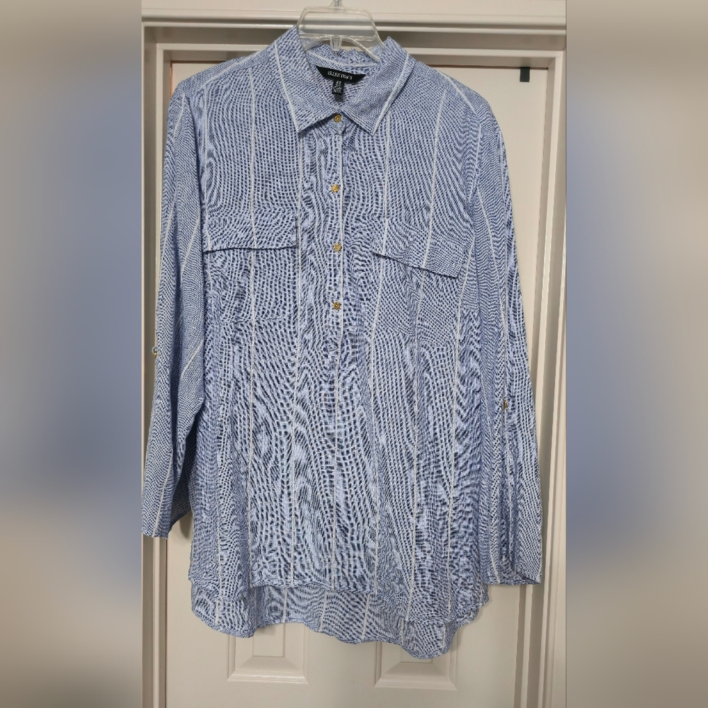 Ellen Tracy White and Blue 100% Linen Striped Shirt 3X